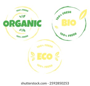 Eco, bio, organic and natural products sticker, label, badge and logo. Ecology icon. Logo template with green leaves for organic and eco friendly products. Vector illustration