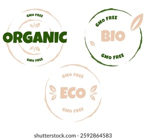 Eco, bio, organic and natural products sticker, label, badge and logo. Ecology icon. Logo template with green leaves for organic and eco friendly products. Vector illustration