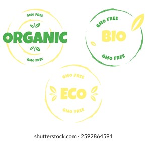 Eco, bio, organic and natural products sticker, label, badge and logo. Ecology icon. Logo template with green leaves for organic and eco friendly products. Vector illustration