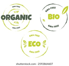 Eco, bio, organic and natural products sticker, label, badge and logo. Ecology icon. Logo template with green leaves for organic and eco friendly products. Vector illustration