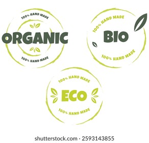 Eco, bio, organic and natural products sticker, label, badge and logo. Ecology icon. Logo template with green leaves for organic and eco friendly products. Vector illustration