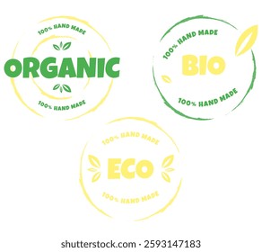 Eco, bio, organic and natural products sticker, label, badge and logo. Ecology icon. Logo template with green leaves for organic and eco friendly products. Vector illustration