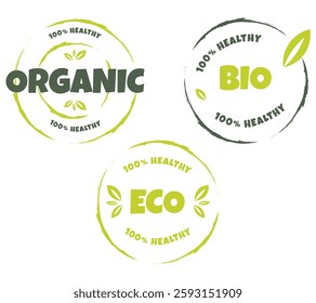 Eco, bio, organic and natural products sticker, label, badge and logo. Ecology icon. Logo template with green leaves for organic and eco friendly products. Vector illustration