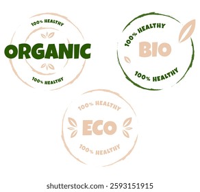 Eco, bio, organic and natural products sticker, label, badge and logo. Ecology icon. Logo template with green leaves for organic and eco friendly products. Vector illustration