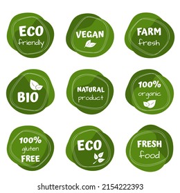 Eco, bio, vegan food stickers template, logo with leaves for organic and eco friendly products. Eco stickers for labeling package, food, cosmetics. Hand drawn style.