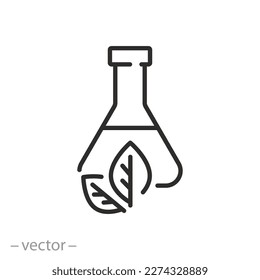 icono de la biotecnología ecológica, matraz con planta, prueba de laboratorio no tóxico, favorable al desarrollo, productos orgánicos, símbolo de línea delgada sobre fondo blanco - ilustración de vector de trazo editable eps10