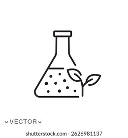 ícone de biotecnologia ecológica, frasco com conceito de planta, laboratório de desenvolvimento amigável, teste não tóxico, símbolo de linha fina isolado no fundo branco, traço editável eps 10 ilustração vetorial