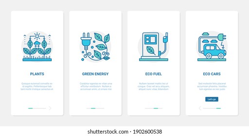 Biotecnología ecológica, ilustración vectorial de tecnología natural. UX, UI onboard página de aplicación móvil pantalla ambientalista con línea verde plantas energía, eco combustible relleno símbolos de coche de transporte eléctrico