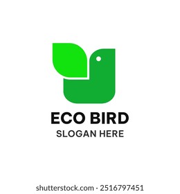 Eco bird logo template in simple geometric shape. Bird and leaf vector illustration