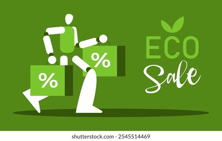 Eco Black Friday Rebajas. Robot de aire con bolsas de compras sobre un fondo verde con un signo de descuento y texto. Anuncio, tarjeta y diseño de póster. Ilustración de dibujos animados de Vector plano.