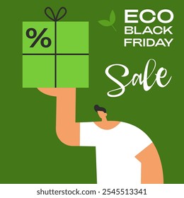 Eco Black Friday Rebajas. Niño con regalo sobre un fondo verde con un signo de descuento y texto. Anuncio, tarjeta y diseño de póster. Ilustración de dibujos animados de Vector plano.