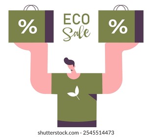 Eco Black Friday Rebajas. Niño con bolsos de la tienda en un fondo blanco con un signo de descuento y texto. Anuncio, tarjeta y diseño de póster. Ilustración de dibujos animados de Vector plano.