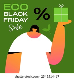 Eco Black Friday Rebajas. Chica con regalo sobre un fondo verde con un signo de descuento y texto. Anuncio, tarjeta y diseño de póster. Ilustración de dibujos animados de Vector plano.