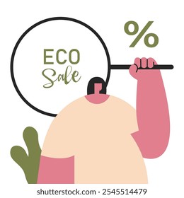 Eco Black Friday Rebajas. Chica con magnífico vidrio sobre un fondo blanco con un signo de descuento y texto. Anuncio, tarjeta y diseño de póster. Ilustración de dibujos animados de Vector plano.