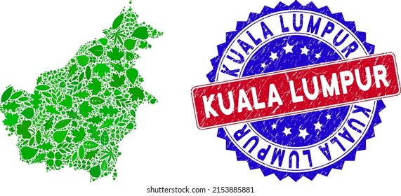 Eco Borneo Island map composition of floral leaves in green color tints with grunge bicolor Kuala Lumpur stamp. Red and blue bicolored seal with grunge texture and Kuala Lumpur tag.