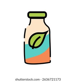 Eco bottle icon. Green leaf emblem. Blue orange palette. Vector nature product.