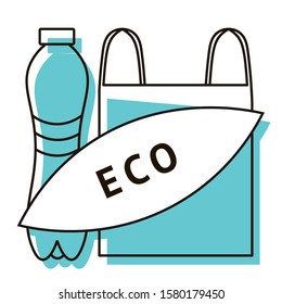 Eco bottle and package for products. Reusable use. Eco-friendly plastic. The problem is pollution by polyethylene. Design element. Vector illustration. Icon with shadow isolated on white background.