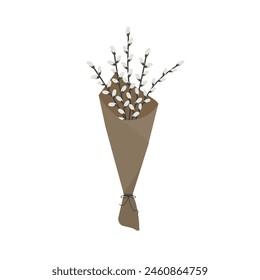 Eco bouquet with willow branches in a Kraft bag. Holy Easter. Vector illustration for postcards, tags