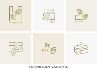 Eco box with green leaf icon. Biodegradable, compostable packaging. Eco friendly material production. Nature protection concept. Editable strokes. Vector illustration