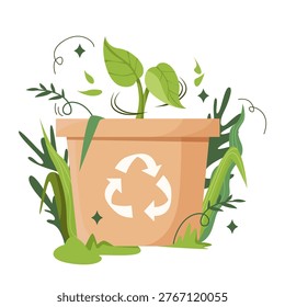 Eco box with green plant surrounded by leaves on white background, symbolizing sustainability and eco growth. Vector illustration