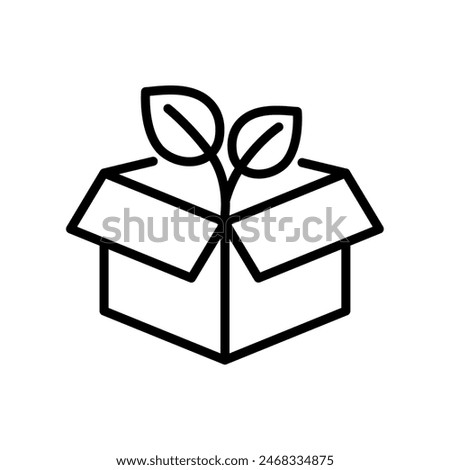 Eco box with leaves outline icon. Eco friendly package symbol. Editable stroke. Isolated vector illustration 