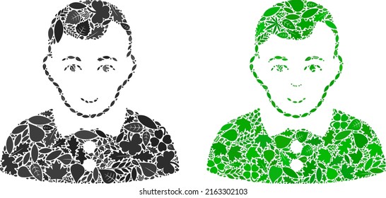 Eco boy icon collage of floral leaves in green and natural color tones. Ecological environment vector template for boy icon. Boy vector image is created from green floral parts.