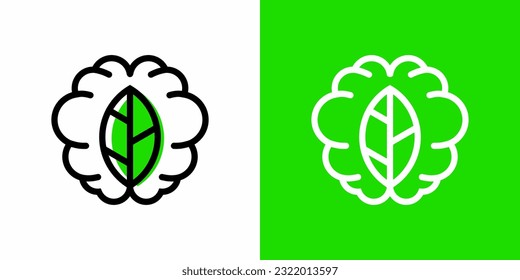 eco brain leaf line ar outline icon symbols vector logo illustration