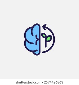 Eco brain with leaf and looping arrow icon flat, free energy, ecology, renewable and green energy concept. Outline and filled colourful icon.