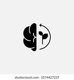 Eco brain with leaf and looping arrow icon glyph, free energy, ecology, renewable and green energy concept. Solid black icon.