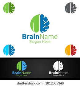 Logotipo del cerebro ecológico con diseño de vectores de ideas de reflexión