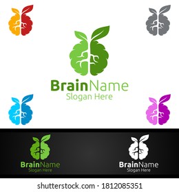 Logotipo del cerebro ecológico con diseño de vectores de ideas de reflexión