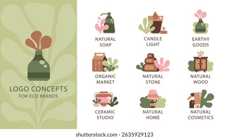 Eco Brand Logo Kit. Organic Icons and Abstract Shapes for Natural Business Identity and Social Media Decor in a Vector Illustration
