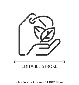 Eco brand pixel perfect linear icon. Sustainable business. Eco friendly and vegan products. Thin line illustration. Contour symbol. Vector outline drawing. Editable stroke. Arial font used