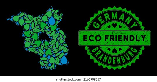 Eco Brandenburg Land map mosaic of herbal leaves and water drops, and ECO FRIENDLY reward seal. Brandenburg Land map is formed of green floral icons and blue water drops.