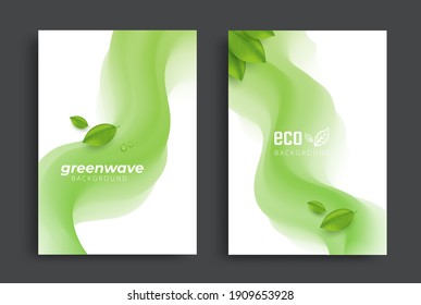 Eco brochure design with green fluid wavy shapes and leaves. vector template. Ecology Corporate poster template.