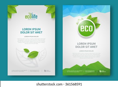 Eco brochure design vector template. Corporate poster with green leaves.