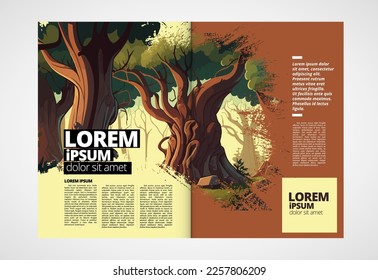 Eco brochure layout with nature landscape background, vector illustration ready for use.