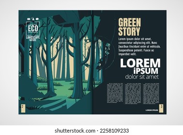 Eco brochure layout with nature landscape background, vector illustration ready for use.