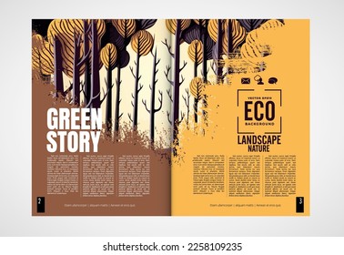 Eco brochure layout with nature landscape background, vector illustration ready for use.