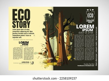 Eco brochure layout with nature landscape background, vector illustration ready for use.