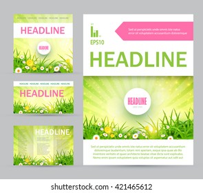 Eco Brochure Set. Flower Flyer. Nature, Field & Garden Poster Template. Vector illustration