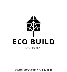 Eco Build logo design template. Vector real estate house logotype illustration isolated on background. Ecologic bio home icon symbol with trowel element, green tree sign, brick. Organic housing label