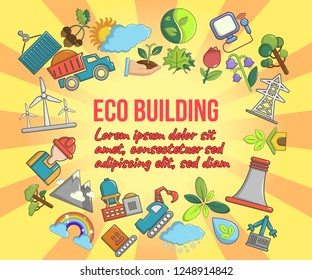 Eco building concept banner. Cartoon banner of eco building vector concept for web, giftcard and postcard