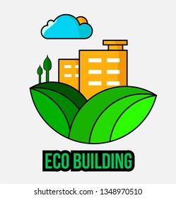 Eco building logo, cloud, sun, leaf with flat design style