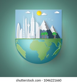 Eco buildings cityscape in nature on green hemisphere world as nature, saving, earth day and paper art style concept. vector illustration.