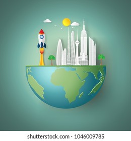Eco buildings cityscape and red rocket launch on green hemisphere world as nature, saving, earth day, start up and paper art style concept. vector illustration.
