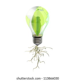 Eco bulb with leaf inside and roots. Vector background design.
