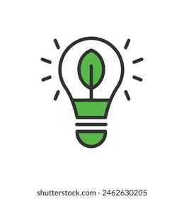 Eco bulb, in line design, green. Eco, bulb, light, energy, efficient, green, sustainable on white background vector. Eco bulb editable stroke icon.