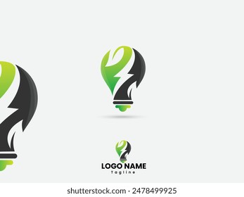 Diseño de logotipo de bulbo ecológico con energía y hoja. Plantilla de diseño del logotipo de la bombilla eléctrica. Creativo. Color de degradado verde. Idea. Electricidad. Diseño de logotipo de luz ecológica.