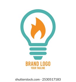 Diseño de logotipo de bombilla ecológica con energía y fuego. Plantilla de diseño de logotipo de bombilla de energía. Creativo. Color verde y amarillo. Idea. Electricidad. Diseño de logotipo de luz ecológica.